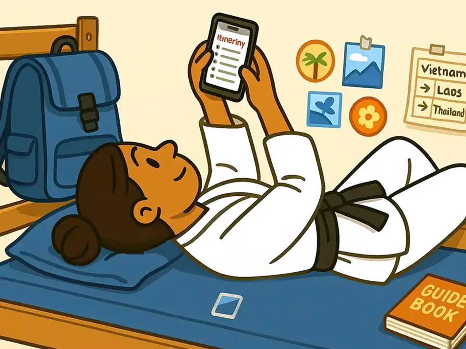 A traveler making an itinerary with his cell phone