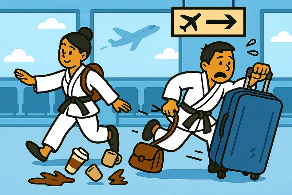 One traveler glides with a small backpack while the other struggles with an oversized suitcase.