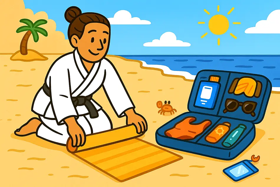 Traveler packing beach essentials at the shore