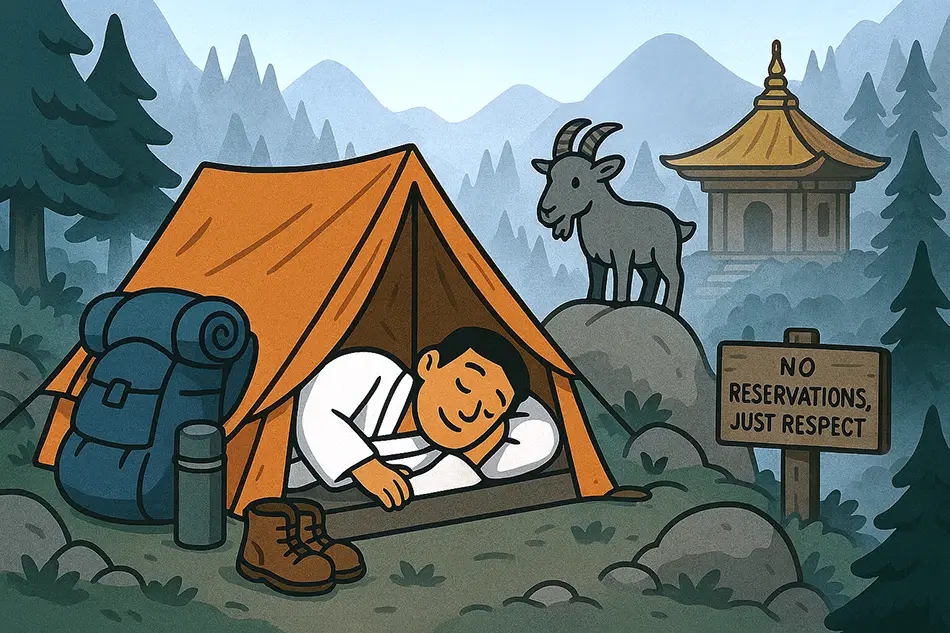 A traveler sleeping in a tent to enjoy nature and save money