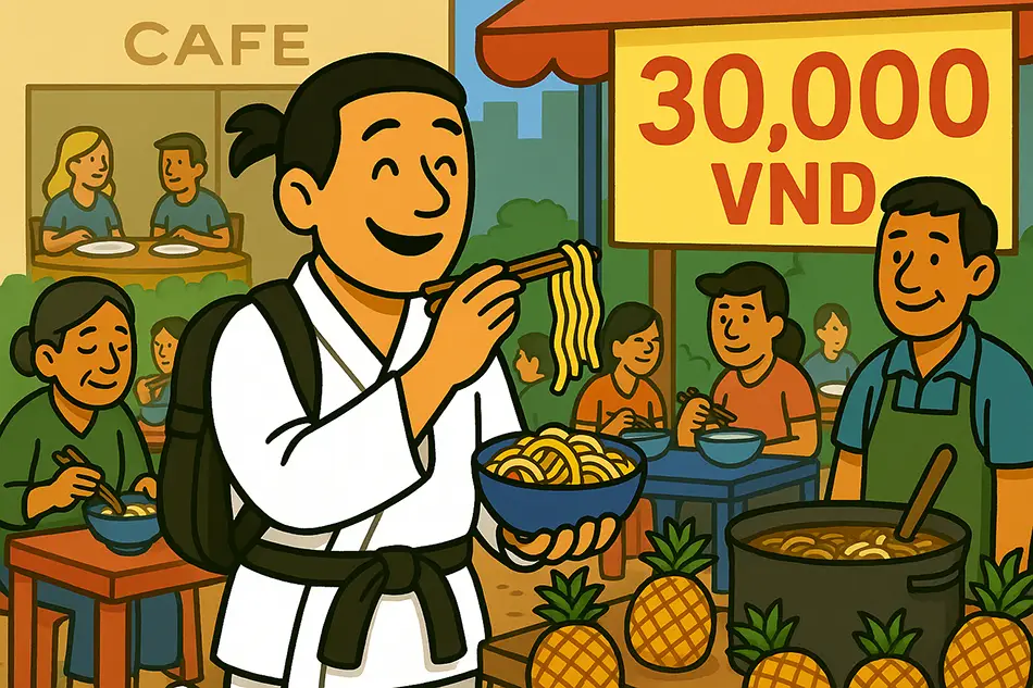 udget traveler enjoying street food with locals