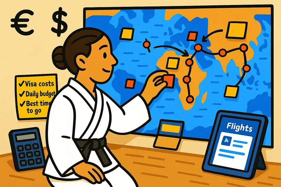 Traveler planning a budget trip with map, apps, and cost tracking tools for smart travel.