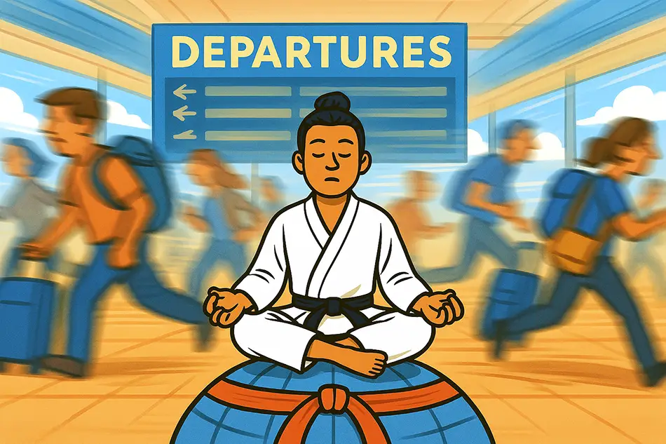Relaxed traveler meditating in busy airport, travel wellness intro