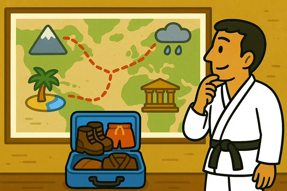 Traveler choosing packing items based on destination and weather.