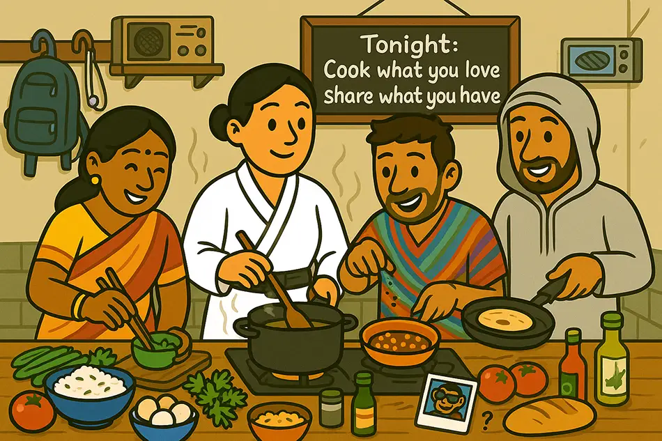 Traveler cooking with others in hostel kitchen with shared ingredients and cultural outfits