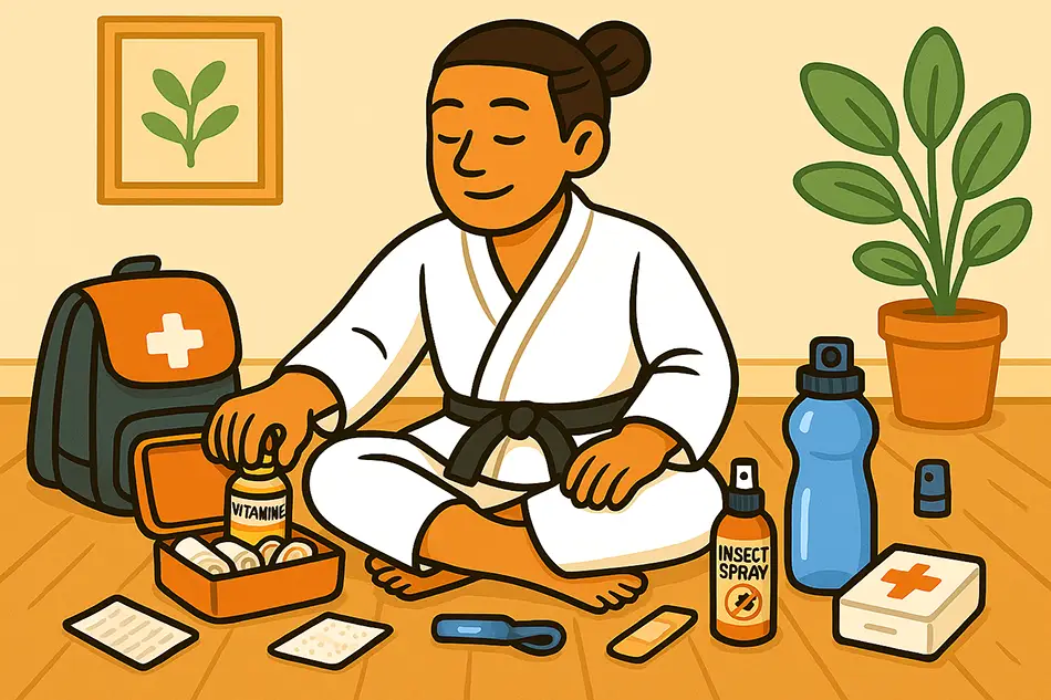 Health-focused travel prep illustration showing medical essentials and self-care items