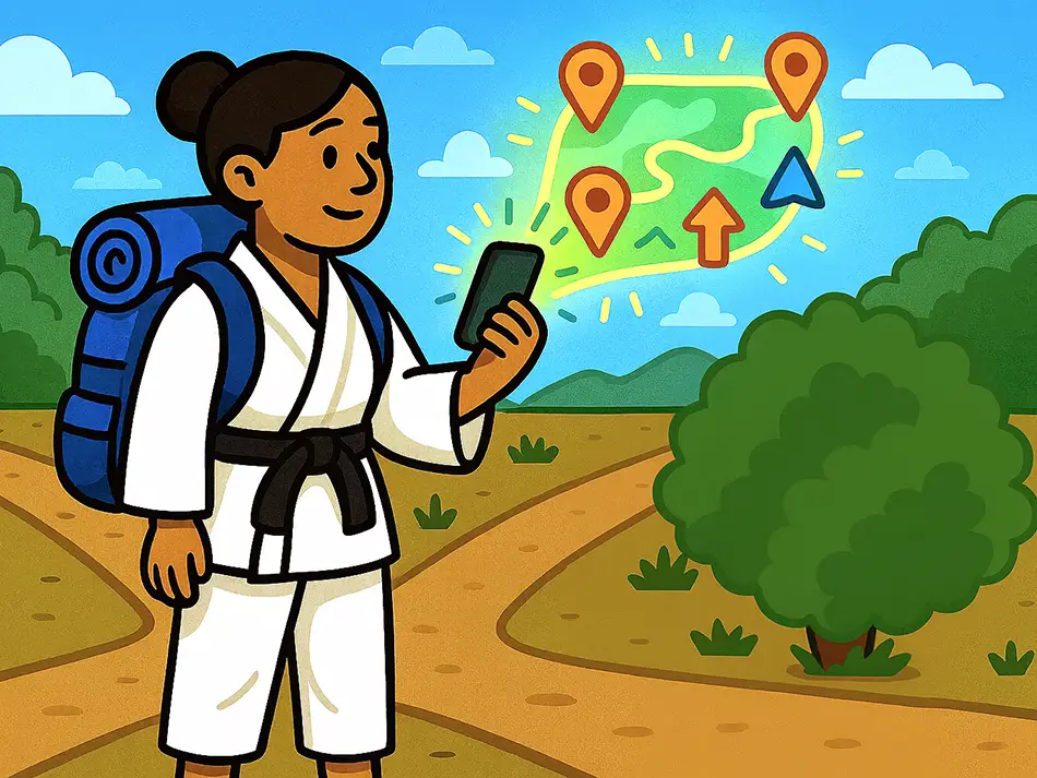 A traveler with a map in his phone navigating a hike