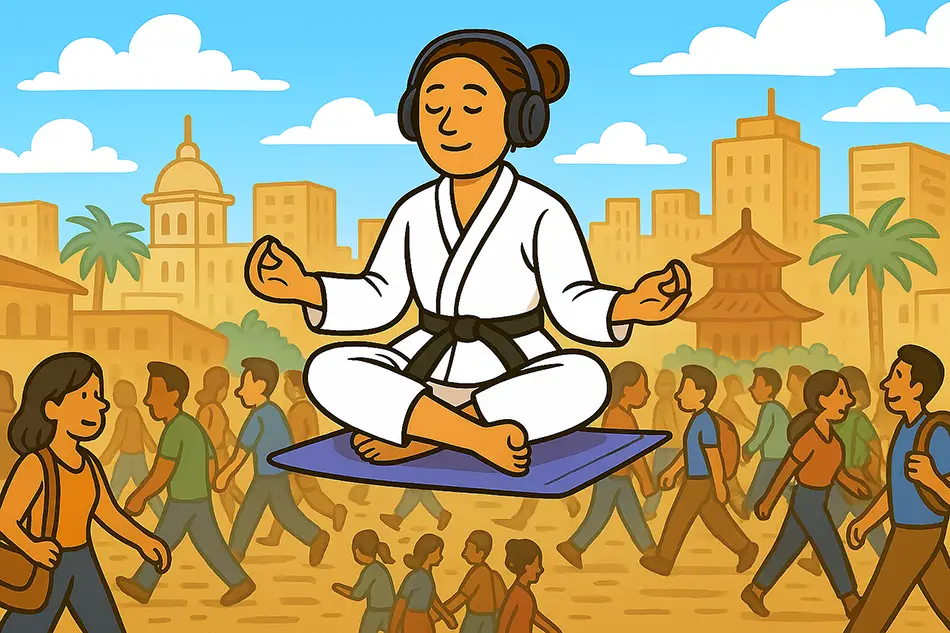 Mindful traveler floating above city, practicing travel self-care