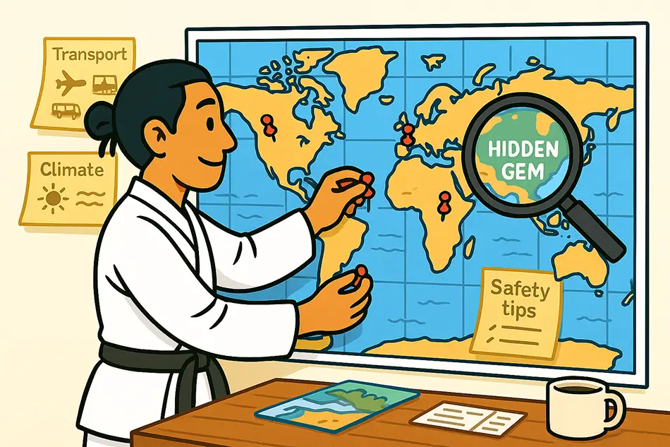 Traveler researching trip destination on a large map with notes on transport and safety 