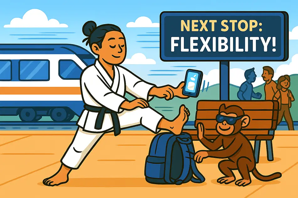 Stretching at train station during long trip, showing how to stay active while traveling