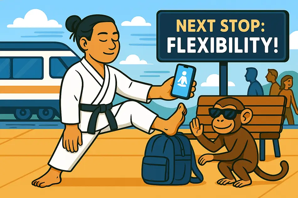 Stretching at train station during long trip, showing how to stay active while traveling