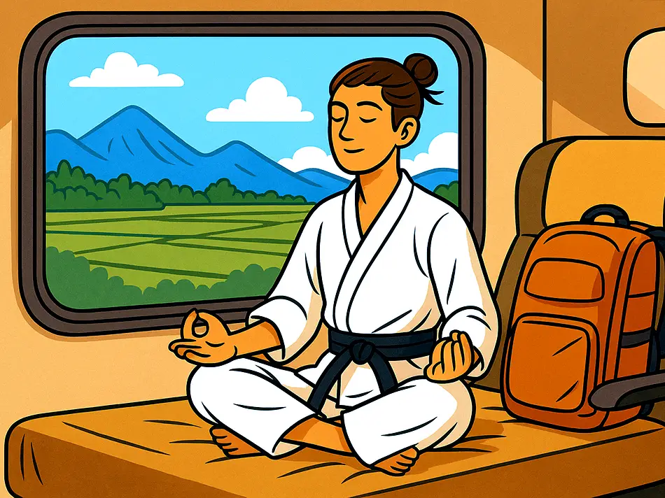 Eco-conscious traveler rides train through nature