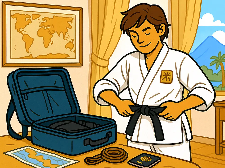 Traveler prepares for sustainable travel with backpack and belt