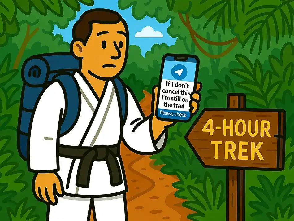 Male traveler scheduling a Telegram safety message before heading into a remote hike