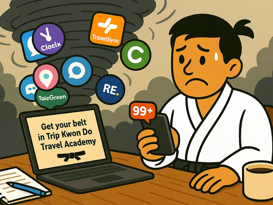 Overwhelmed traveler buried in open apps and messy notes before discovering travel academy help