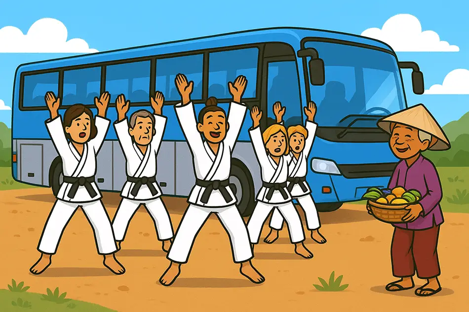 Travelers doing jumping jacks by bus as local woman watches, showing midday travel wellness tips