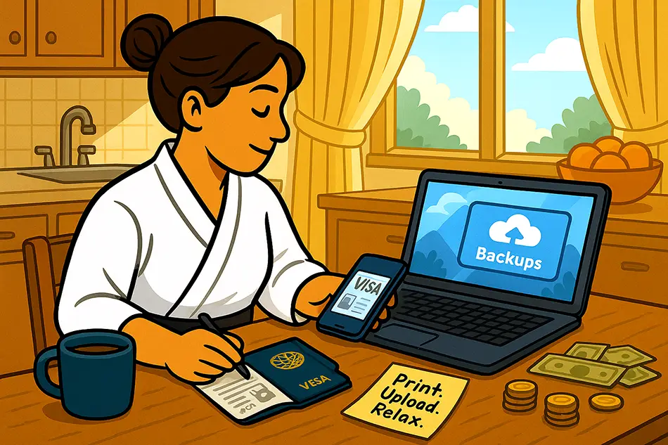 Preparing travel documents with passport, visa scans, and cloud backups 