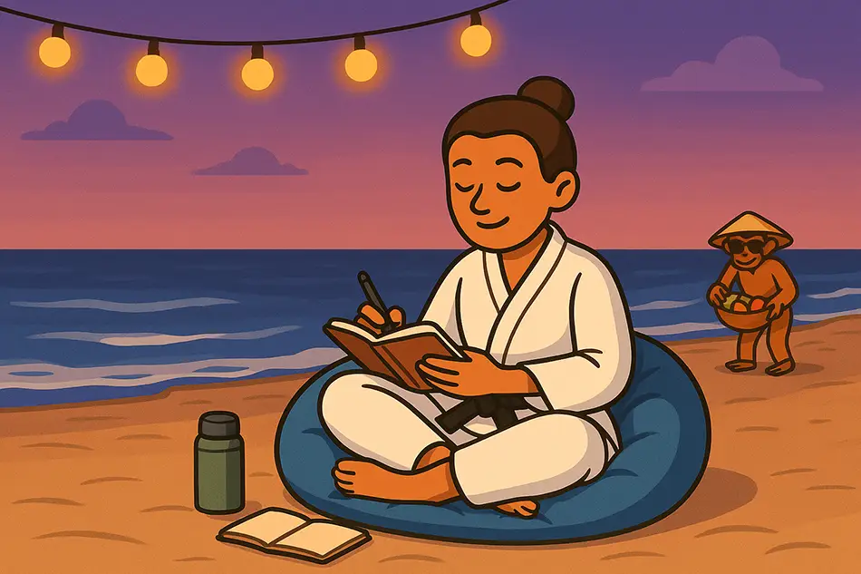 Travel wellness evening routine by the beach with journaling and tea