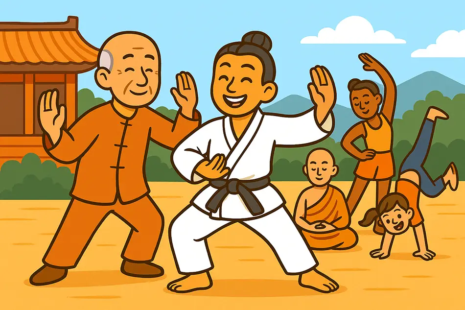 Traveler joining tai chi, exploring local wellness traditions
