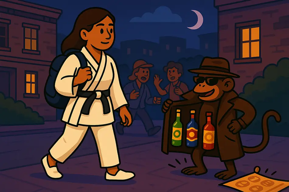 traveler arrives at night in a dark street, looking uneasy
