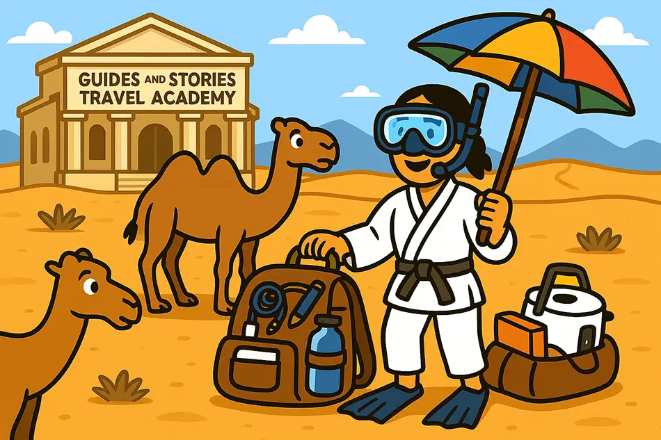 Traveler in desert with snorkel gear highlights overpacking mistakes