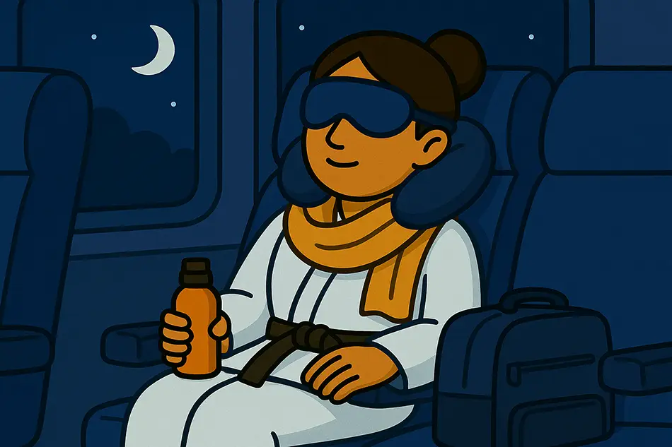 A traveler comfortably sleeping in the bus with travel essentials