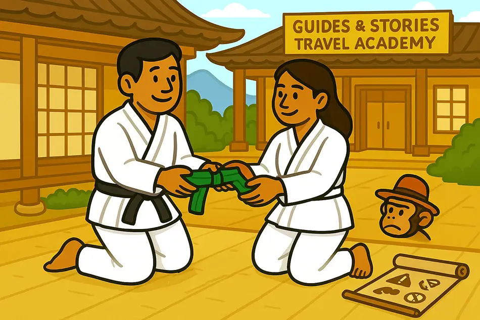 A traveler getting his trip kwon do green belt for completing Safety training