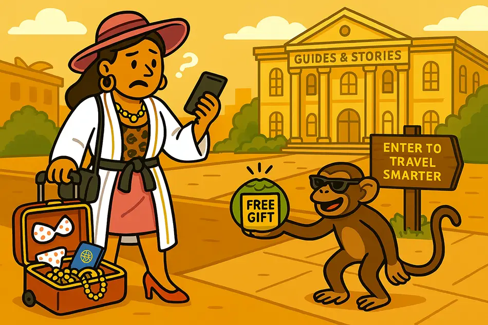 traveler confused at a chaotic crossroads near the Travel Academy, approached by a monkey scammer