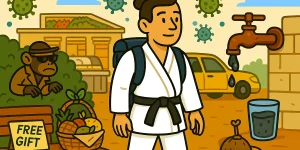Traveler distracted while hidden travel dangers surround him