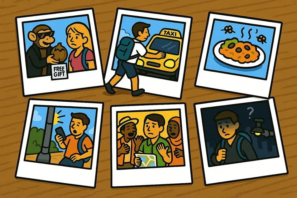  Illustrated polaroids of travel dangers scattered on a table for Q&A section