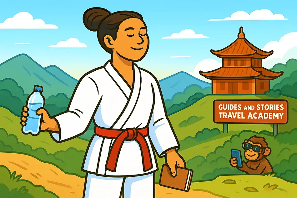 Traveler holding red belt, mastering self-care while traveling