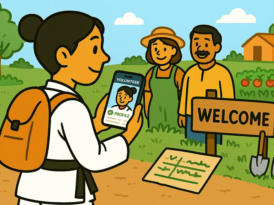 A traveler using Volunteering app arrives on the farm
