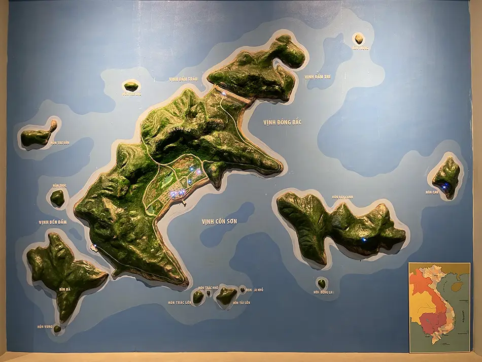 Map of Con Dao islands in Vietnam showing the archipelago layout in the South China Sea, a remote travel destination