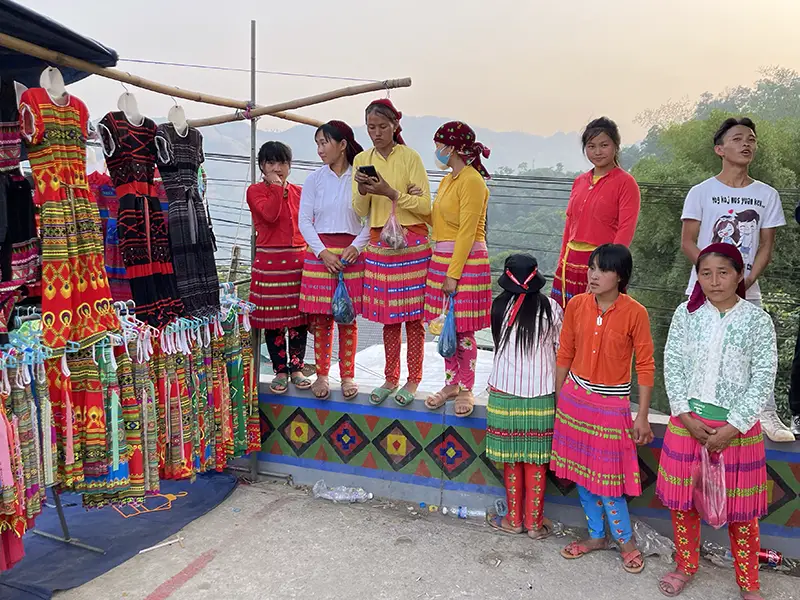 Ethnic minority women in traditional costumes attending the annual Love Market in northern Vietnam.