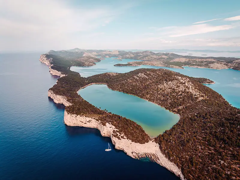 Aerial view of sailboats in a bay in Kornati National Park
