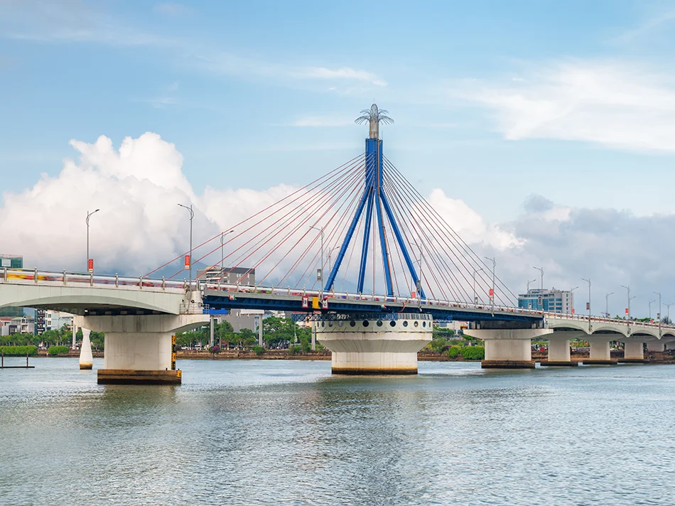 Sunny day view of the Han River Bridge in Da Nang