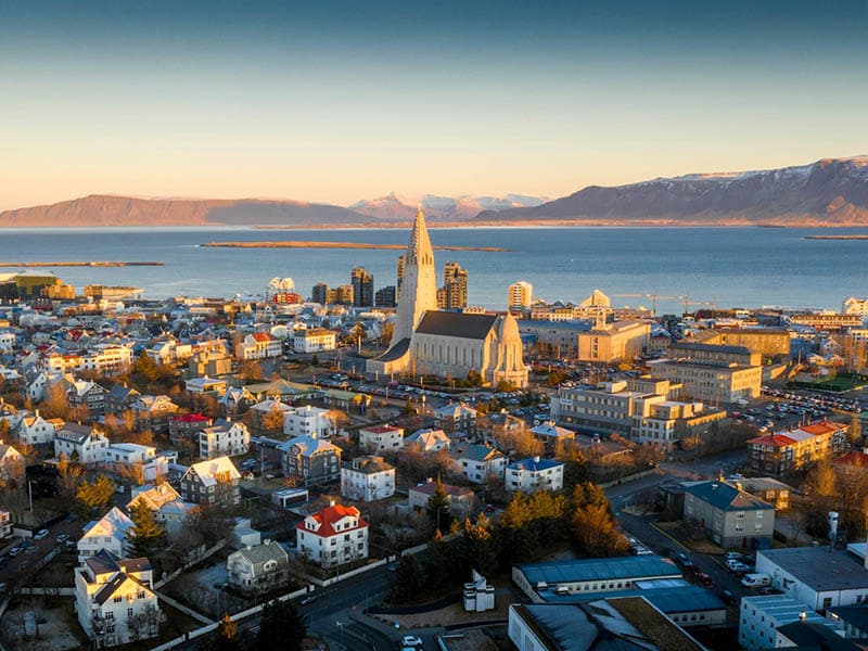 Aerial view of Reykjavik during cool climate summer in Iceland’s capital