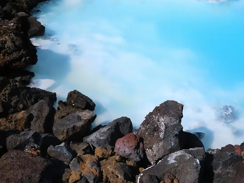 Close-up of the Blue Lagoon’s vivid blue geothermal waters