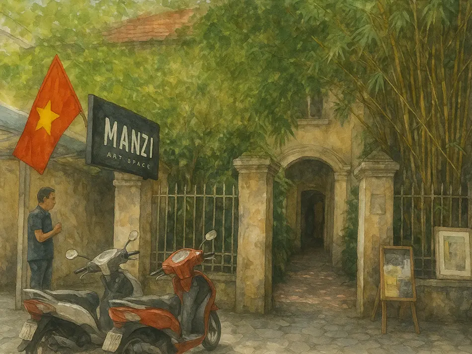 Manzi Art Space in Hanoi with its leafy courtyard, known for cultural events and independent art showcases.