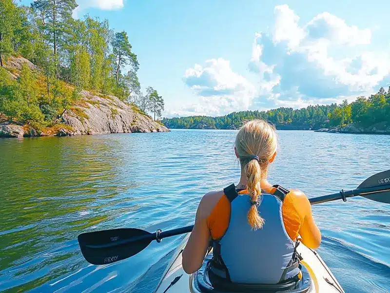 Kayakers gliding between small forested islands in the Stockholm Archipelago