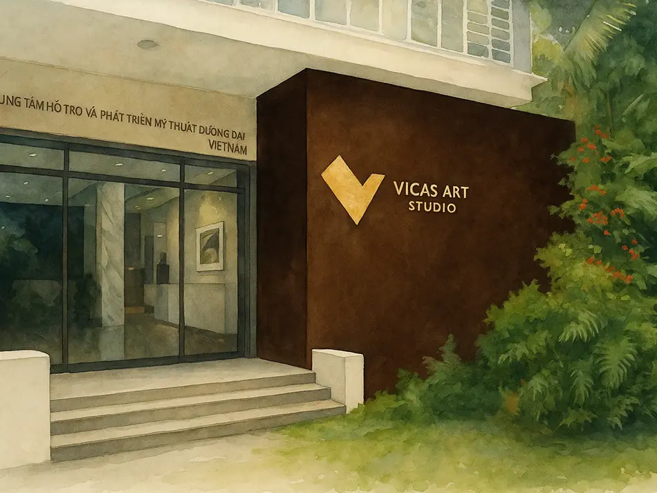 Entrance of VICAS Art Studio in Hanoi, a dynamic venue promoting Vietnam’s modern art development.