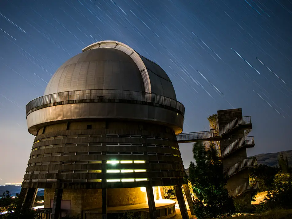 Star trails over Byurakan Observatory at night, Armenia’s leading astronomical research center