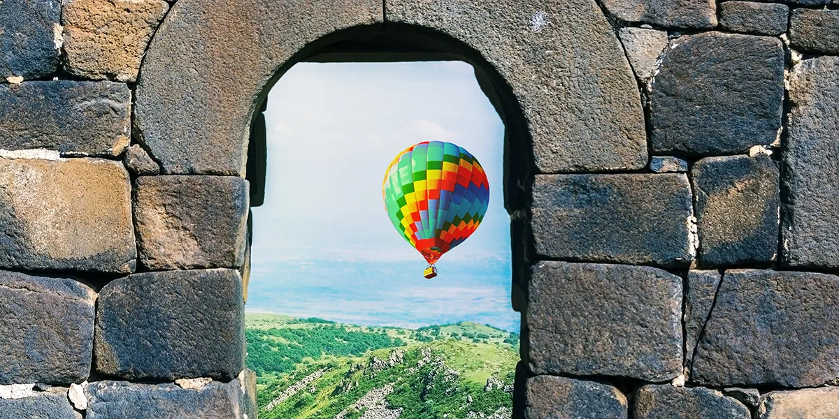 Hot Air Ballon flying over Armenian landscapes