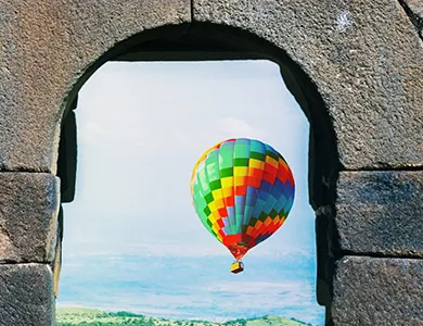A colouful hot air balloon in the armenian skies