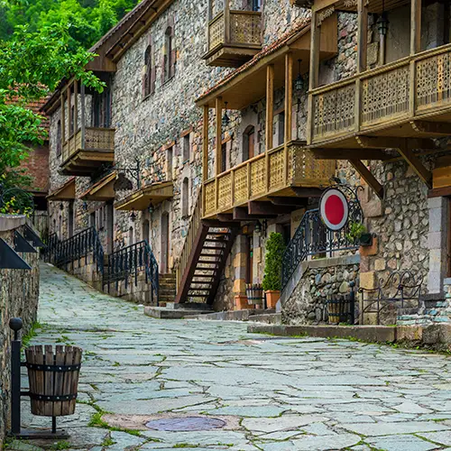 Traditional houses on cobbled Sharambeyan Street in Dilijan