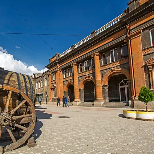 Historic buildings and wooden balconies along Abovyan Street in Gyumri, a charming Armenian city