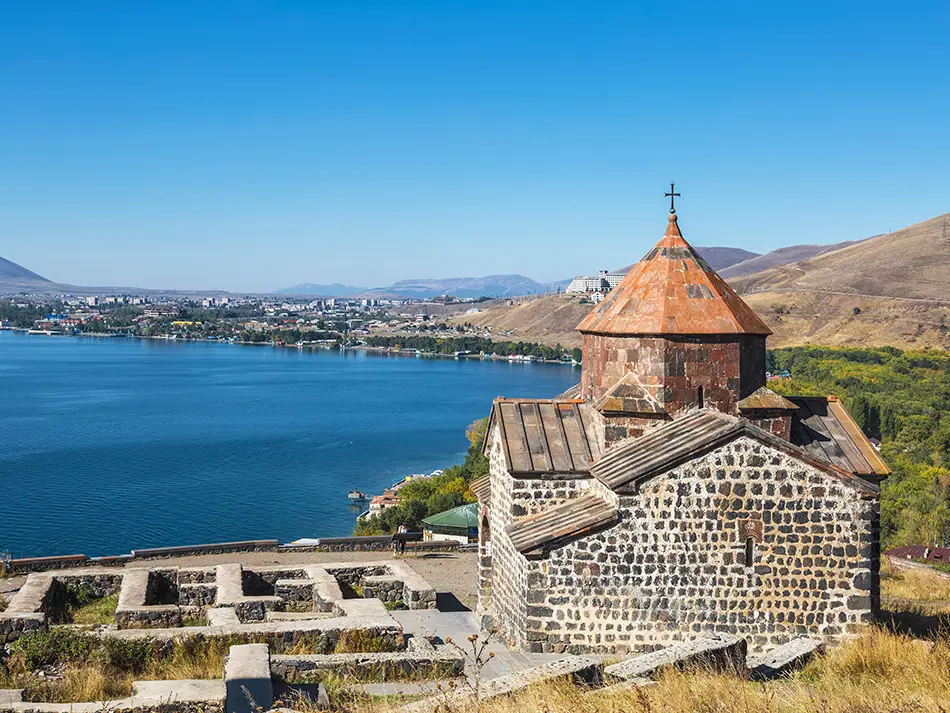View of Sevanavank Monastery above Lake Sevan, a spiritual and scenic highlight in Armenia