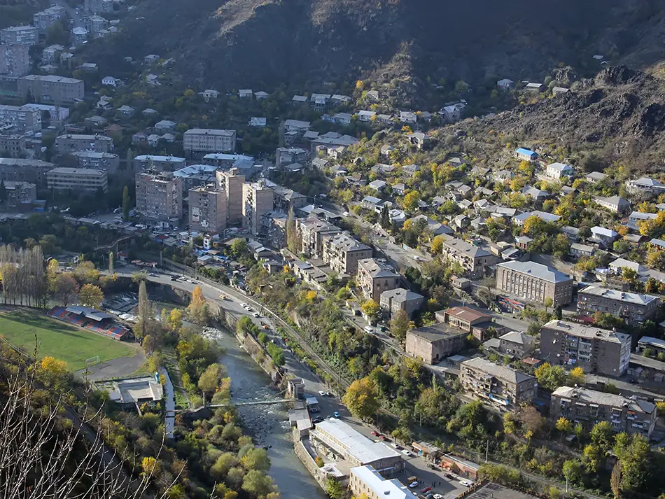 Aerial view of riverfront neighborhoods, Alaverdi in Armenia.