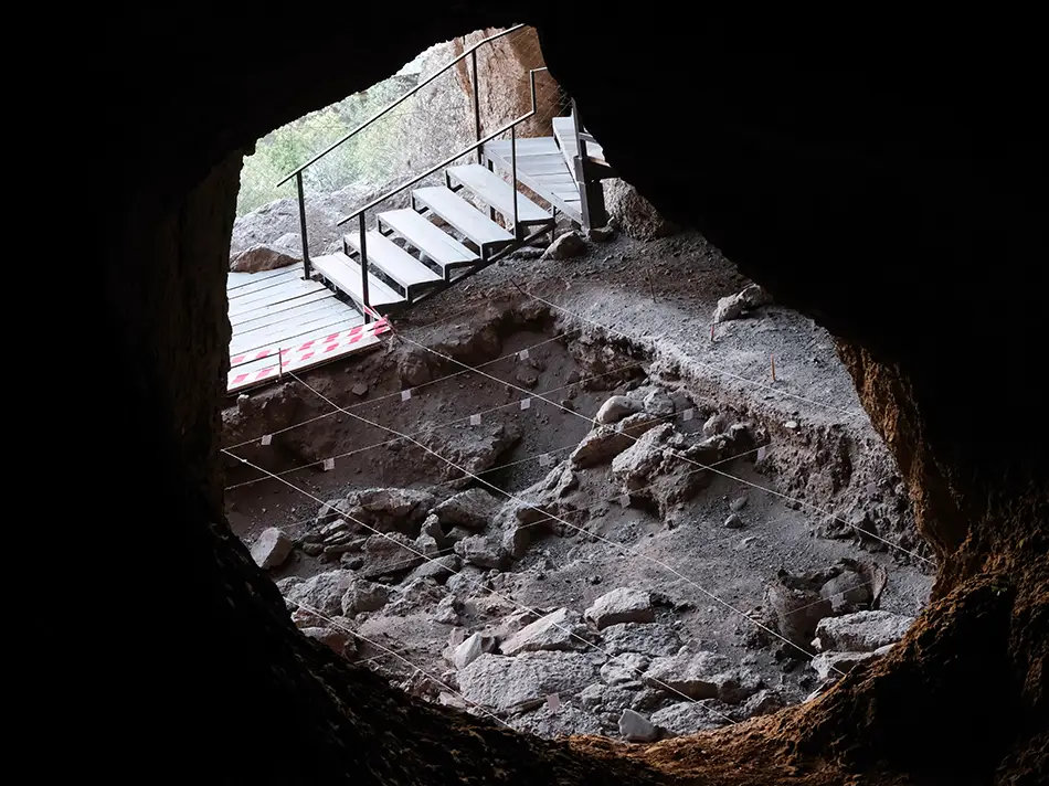 View from a cave entrance toward a boardwalk and ongoing archaeological excavation.