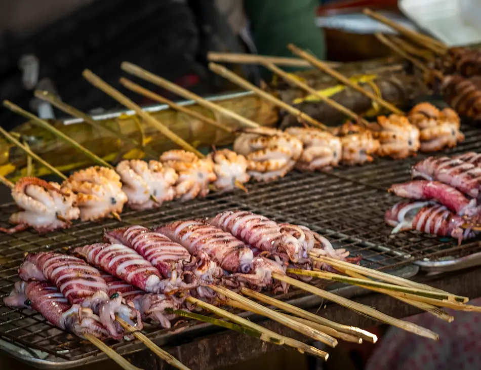 Ang Dtray-Meuk, grilled skewered squid, classic Cambodia street food and snack